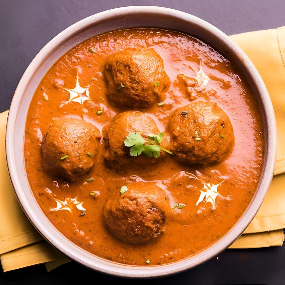 Malai Kofta, Indian cheese and vegetable dumplings in a rich, creamy tomato-based sauce, garnished with cilantro.