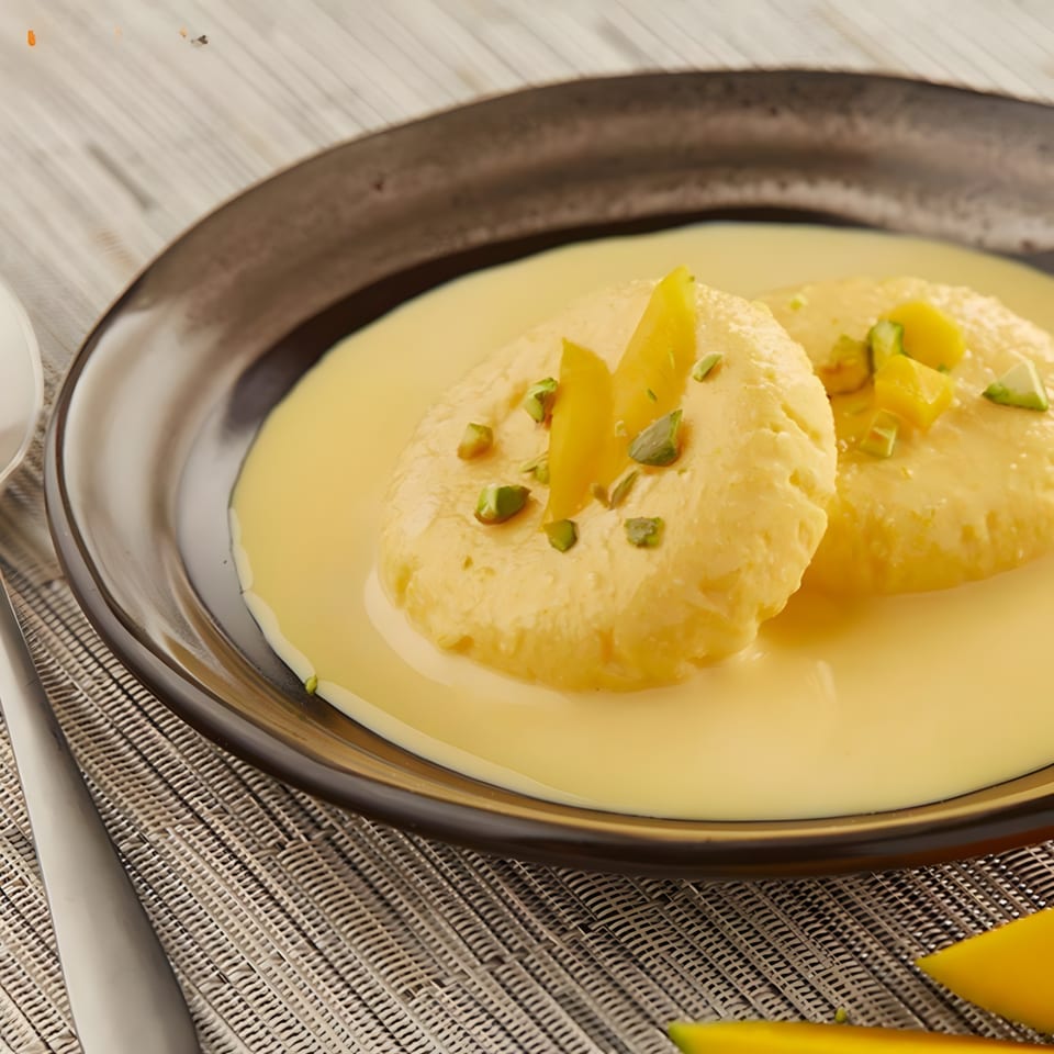 Two mango rasmalai desserts in a dark bowl, garnished with mango pieces and pistachios.