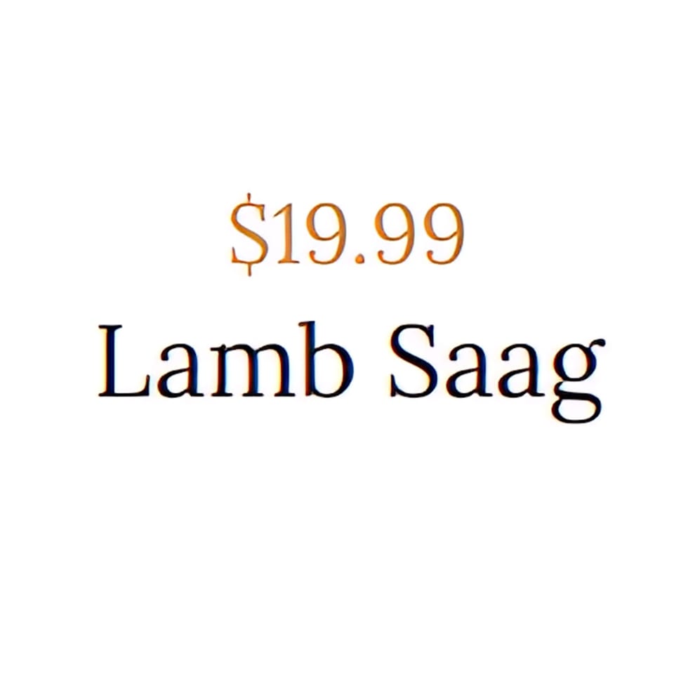The words "Lamb Saag" in black text with "$19.99" in orange text above it on a white background.