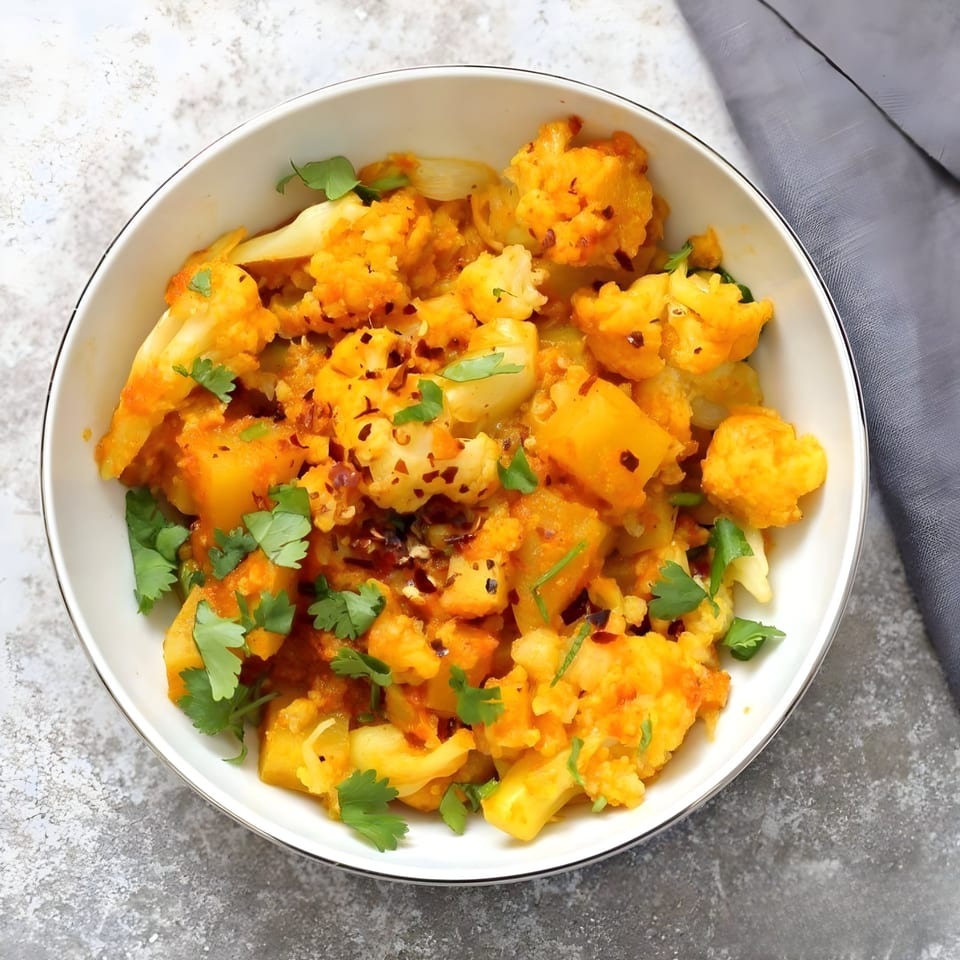 Indian Aloo Gobi, a vibrant dish of cauliflower and potatoes in a rich orange sauce, garnished with fresh cilantro.