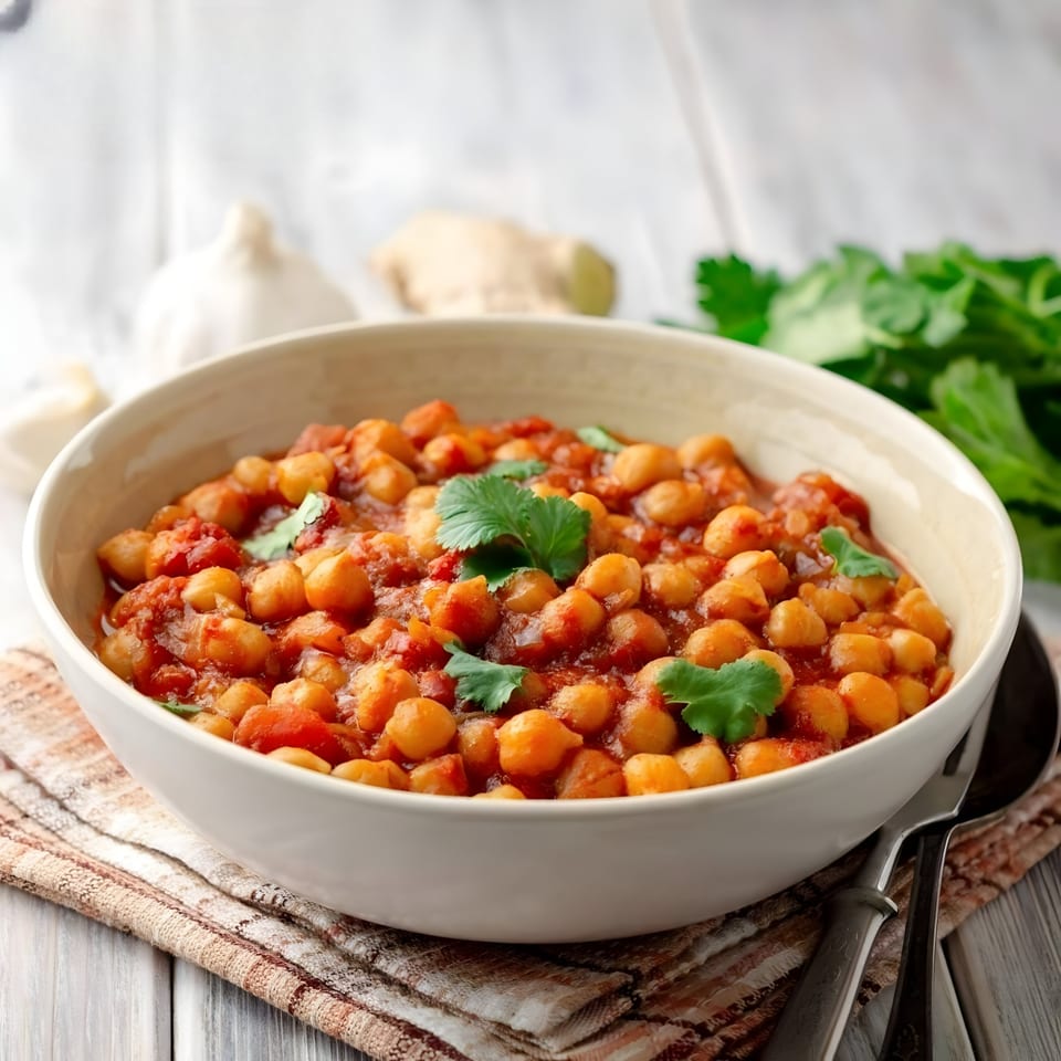 A bowl of Bay Leaf Indian Kitchen's chana masala, garnished with fresh cilantro.