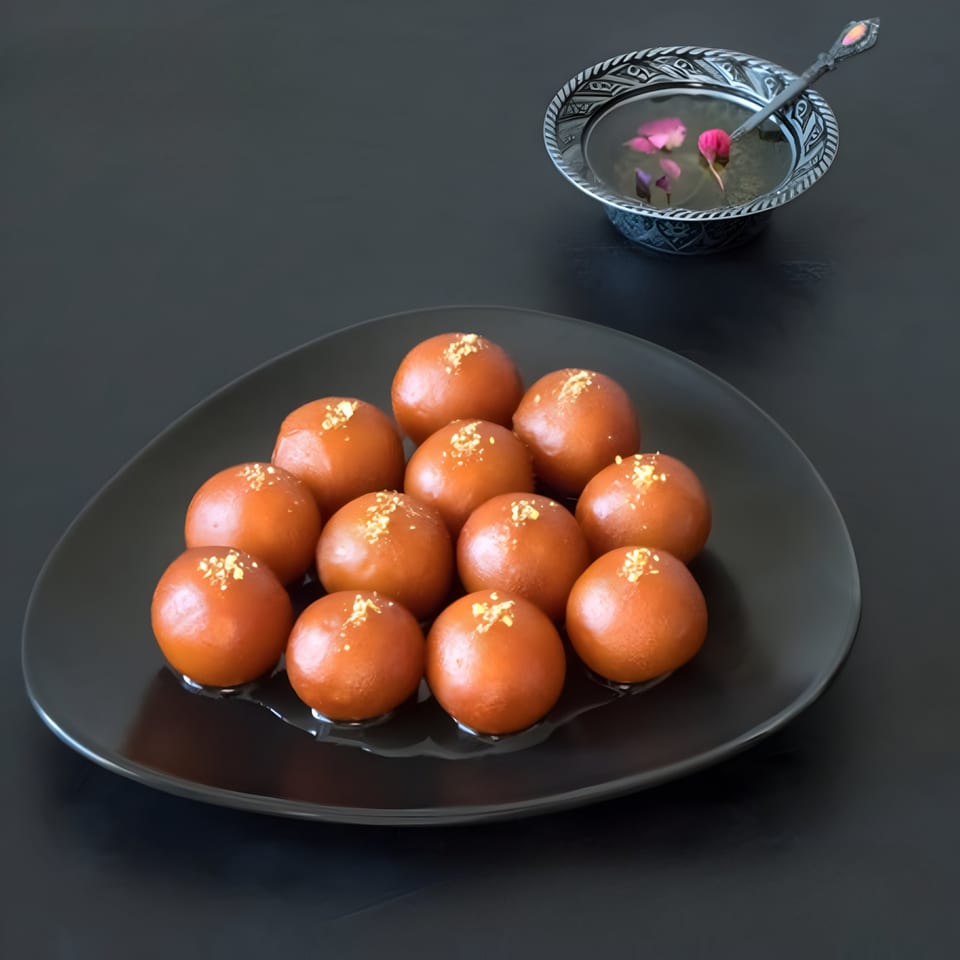 Gulab Jamun, Indian fried dough balls in syrup, on a black plate with a decorative bowl.