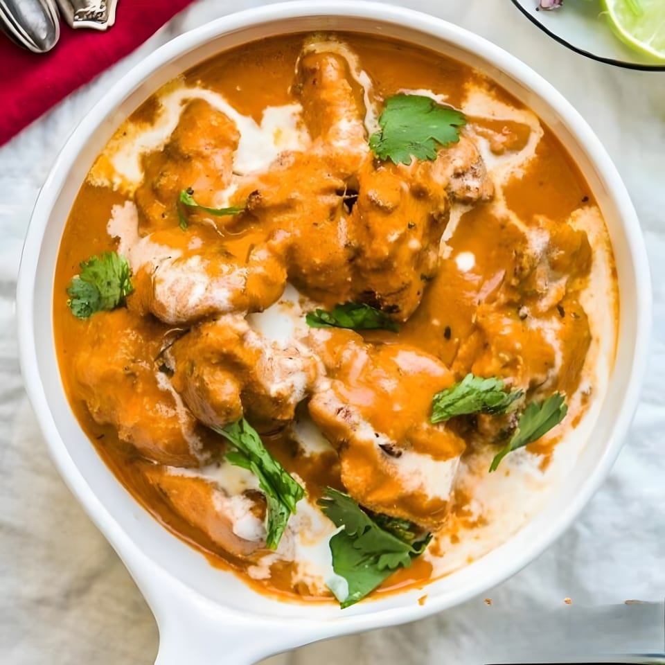 Overhead view of Bay Leaf Indian Kitchen's butter chicken, garnished with cream swirls and fresh cilantro.