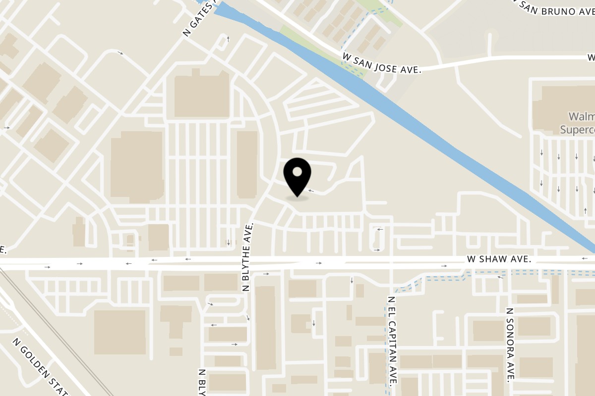 Map showing the location of Bay Leaf Indian Kitchen on 4368 W Shaw Ave in Fresno